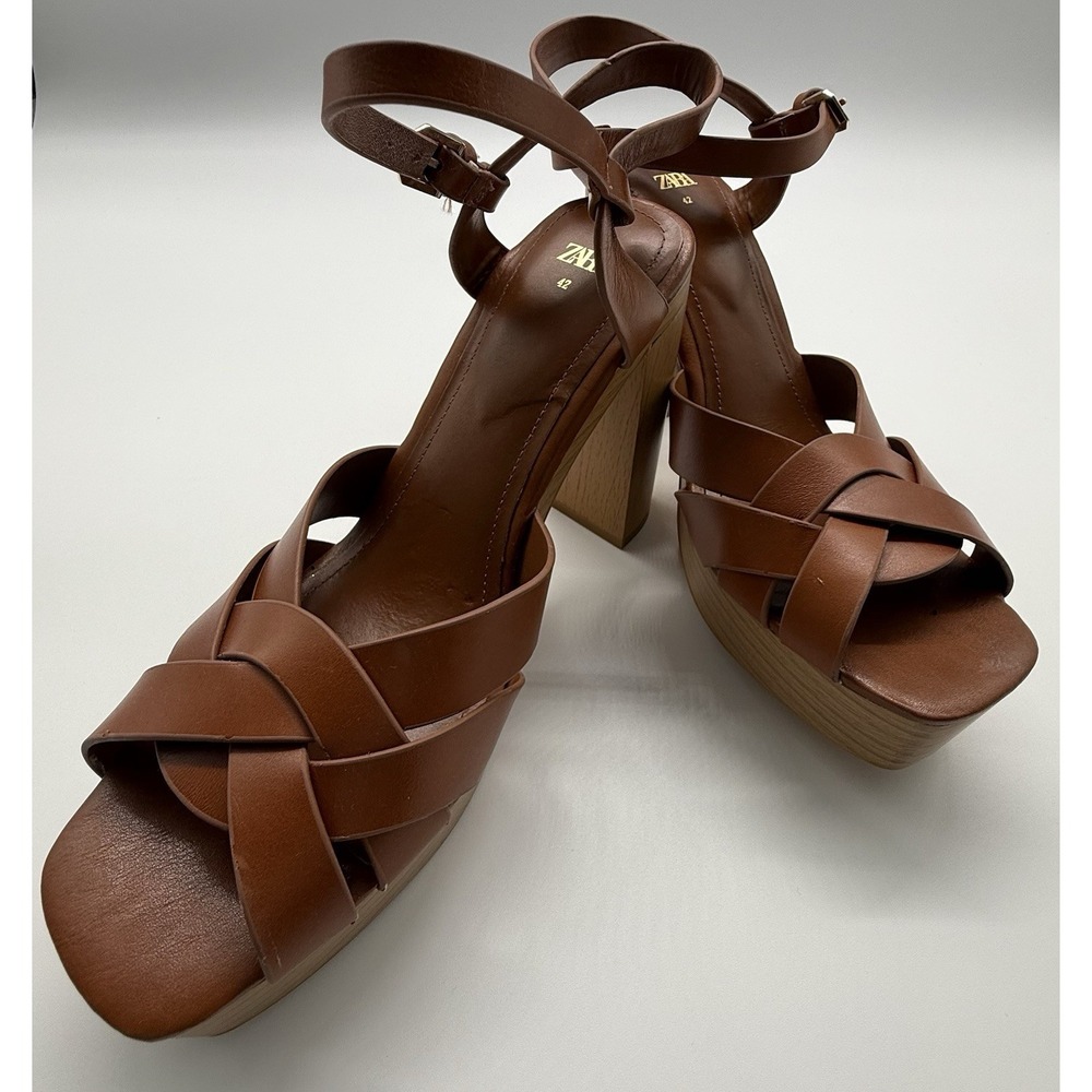 Zara Leather Platform retro chunky‎ Strappy Wooden Heeled Sandals Size 10